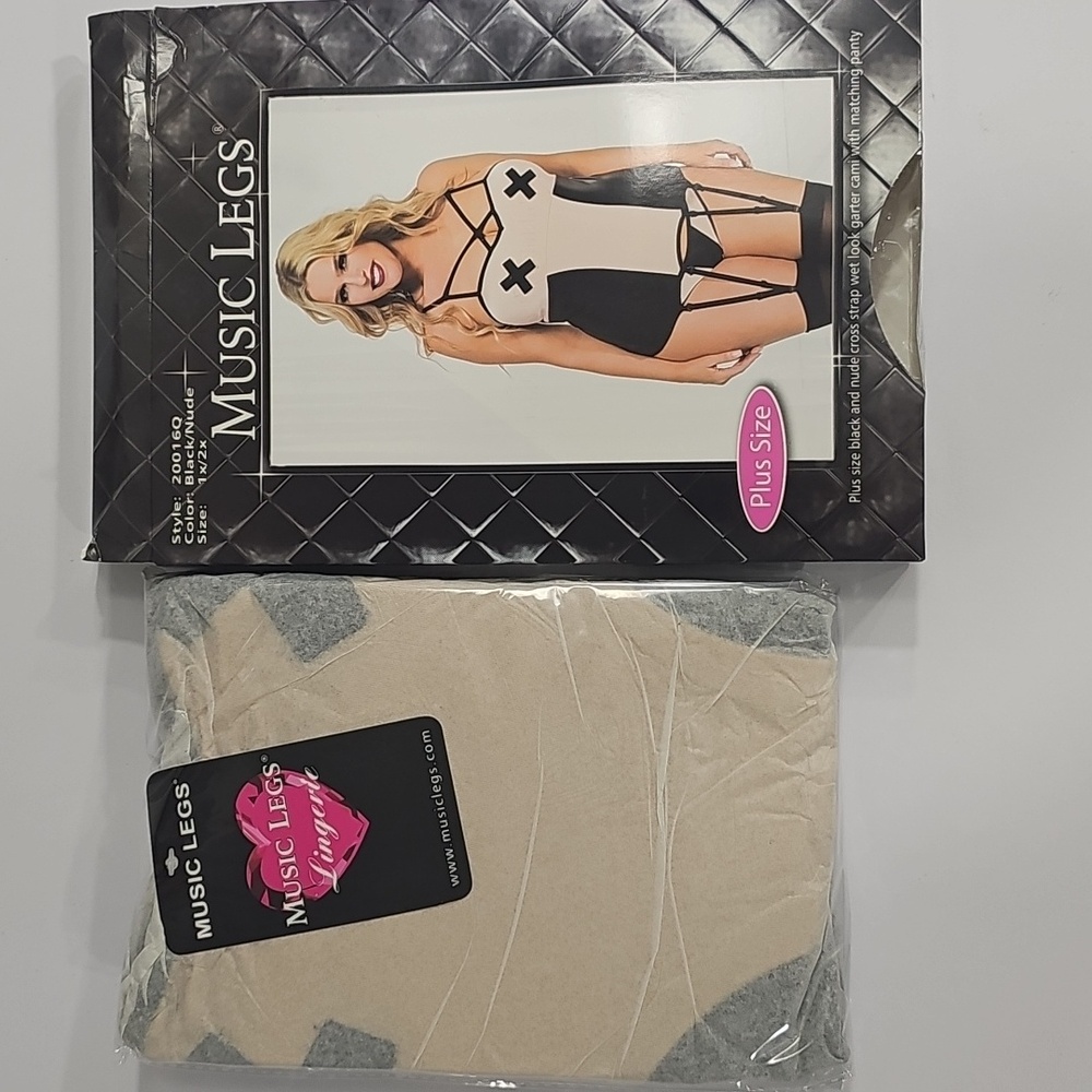 Music Legs Cross Strap Wet Look Garter Cami With Matching Panty Plus Size - Picture 5 of 5